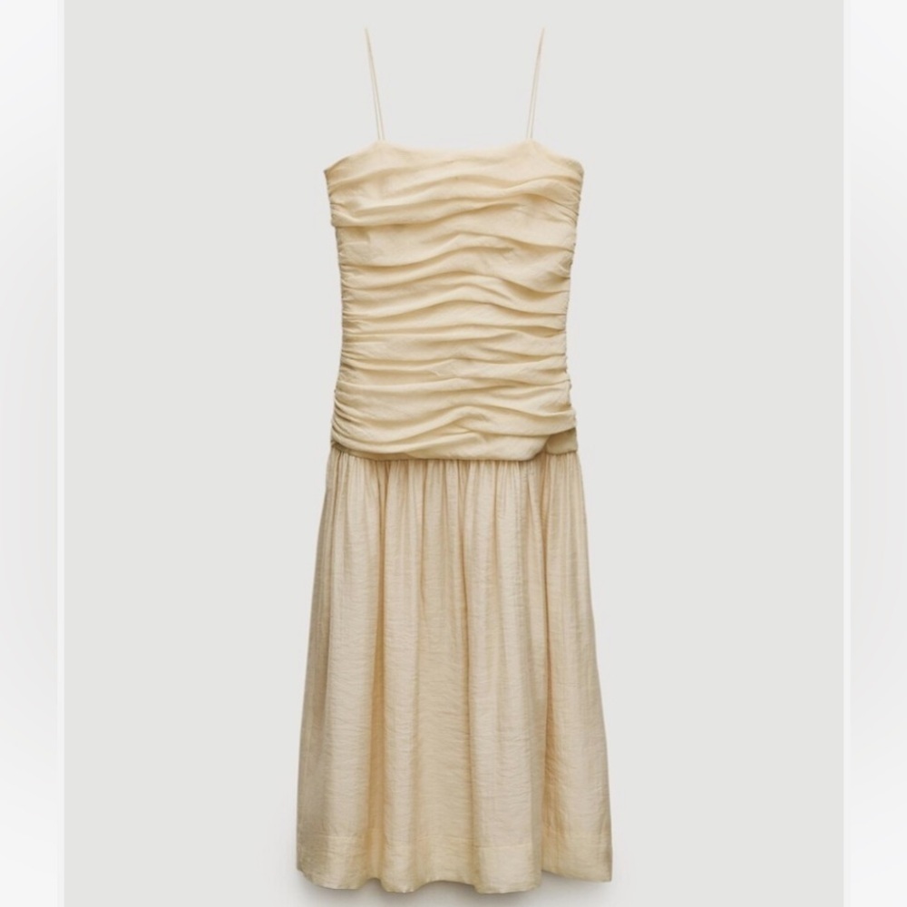 Zara Soft Yellow Ruched Bodice Midi Dress - Picture 9 of 11